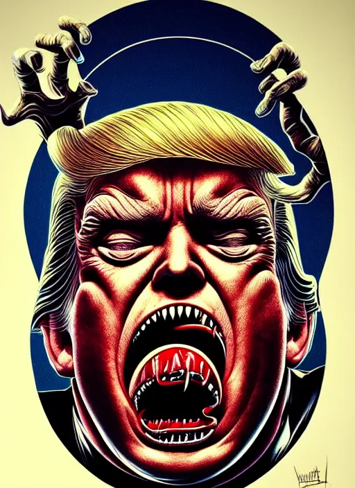 Image similar to donald trump's disgusting true form burstin from within, horror, high details, intricate details, by vincent di fate, artgerm julie bell beeple, 1 9 8 0 s, inking, vintage 8 0 s print, screen print