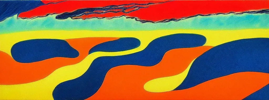 Prompt: Psychedelic sci-fi dreamworld. Landscape painting. Organic. Winding rushing water. Waves. Clouds. Landscape by Alex Katz. Wayne Thiebaud. Matisse.