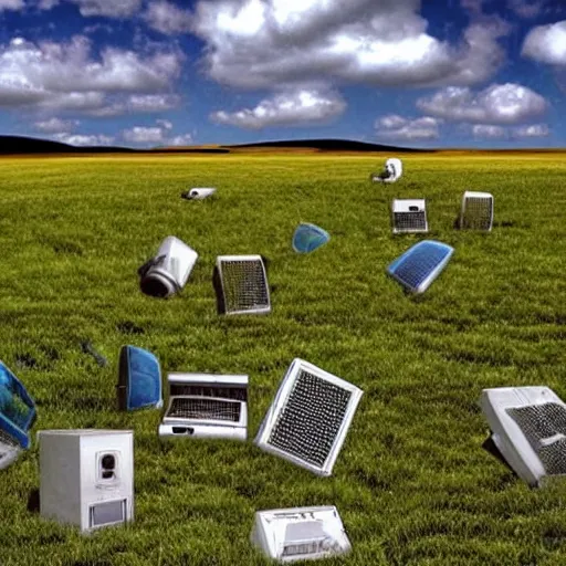 Prompt: windows xp screensaver with many broken dilapidated old computers graveyard