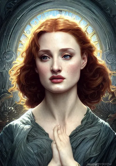 Image similar to sansa angeline jolie gessica chastain, intricate, elegant, highly detailed, digital painting, artstation, concept art, smooth, sharp focus, illustration, art by artgerm and greg rutkowski and alphonse mucha and william - adolphe bouguereau