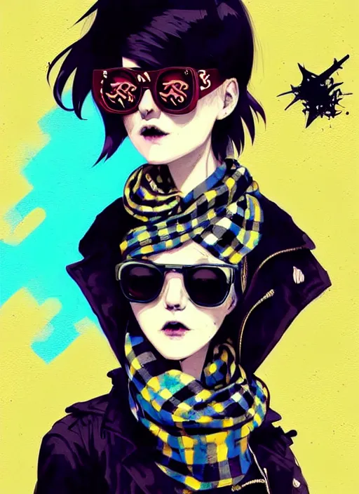 Prompt: highly detailed portrait of a sewer ( ( emo punk ) ) lady student, sunglasses, blue eyes, tartan scarf, white hair by atey ghailan, by greg rutkowski, by greg tocchini, by james gilleard, by joe fenton, by kaethe butcher, gradient yellow, black, brown and magenta color scheme, grunge aesthetic!!! graffiti tag wall background