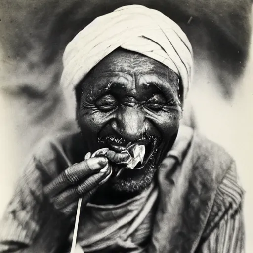 Prompt: old sudanese man laughing while eating a salad, julia margaret cameron,