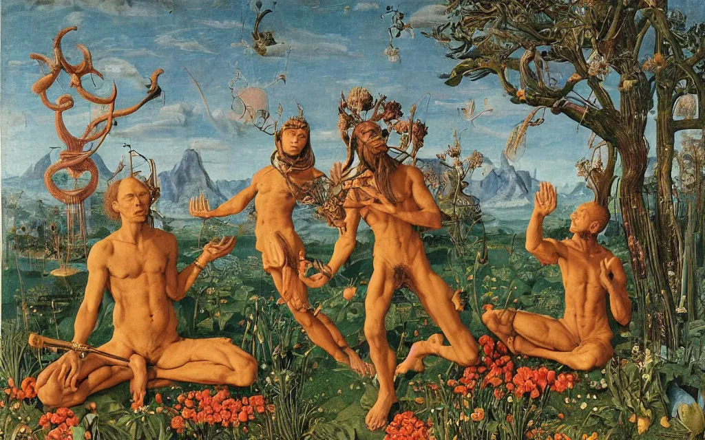 Image similar to a portrait photograph of a meditating satyr and a centaur monk riding a rocket machine and hunting at a river delta. surrounded by bulbous flowers and trees. mountain range under a blue sky of fiery stars. by jan van eyck, max ernst, ernst haeckel, ernst fuchs and artgerm, cgsociety, fashion editorial, 8 k