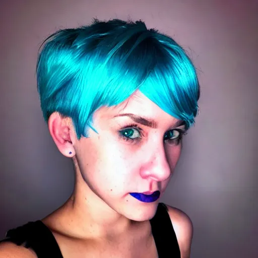 Prompt: photo of young cute punk woman with blue pixie cut posing, hyper detailed