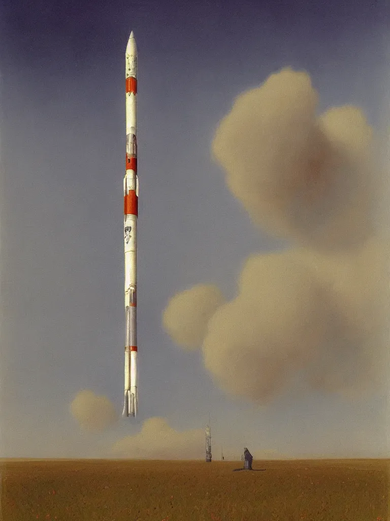 Image similar to a _ painting _ of _ a _ scifi _ rocket _ by _ peter _ ilsted