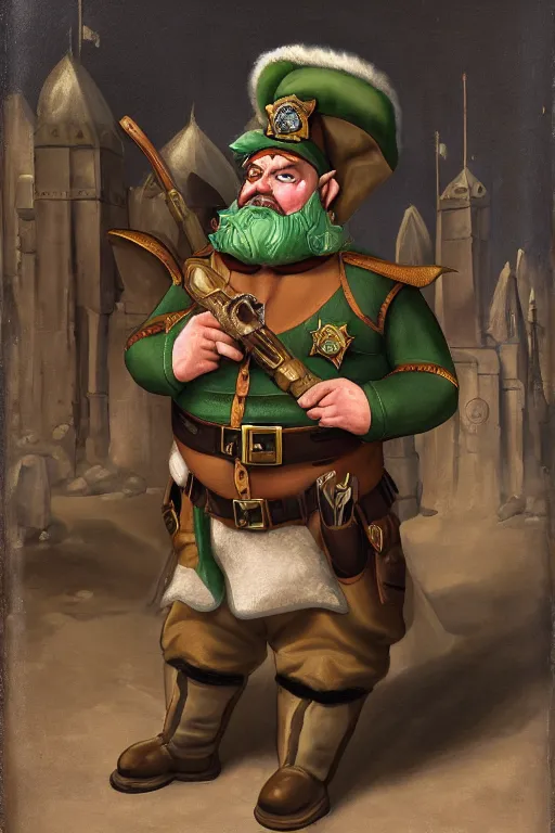 Image similar to high fantasy elf mall cop with a sheriff's badge that is fat, shifty, 1500s Oil Painting, Carvagio, RPG portrait, 8K digital scan