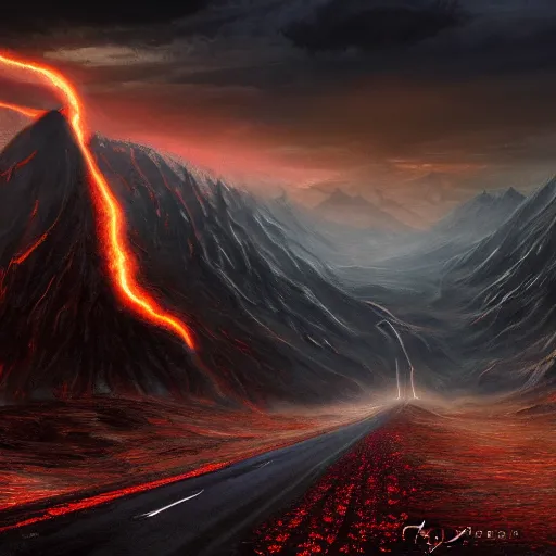 Image similar to the road to mordor, artstation hall of fame gallery, editors choice, #1 digital painting of all time, most beautiful image ever created, emotionally evocative, greatest art ever made, lifetime achievement magnum opus masterpiece, the most amazing breathtaking image with the deepest message ever painted, a thing of beauty beyond imagination or words