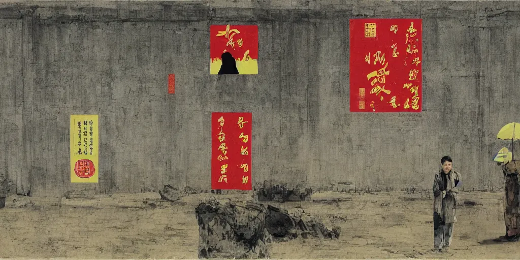 Image similar to a chinese prison near a river by peter doig, overlaid with chinese adverts