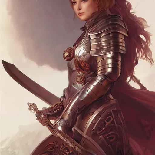 Image similar to Portrait of a female knight with a large sword, D&D, fantasy, highly detailed, digital painting, artstation, smooth, sharp focus, illustration, art by artgerm and greg rutkowski and alphonse mucha