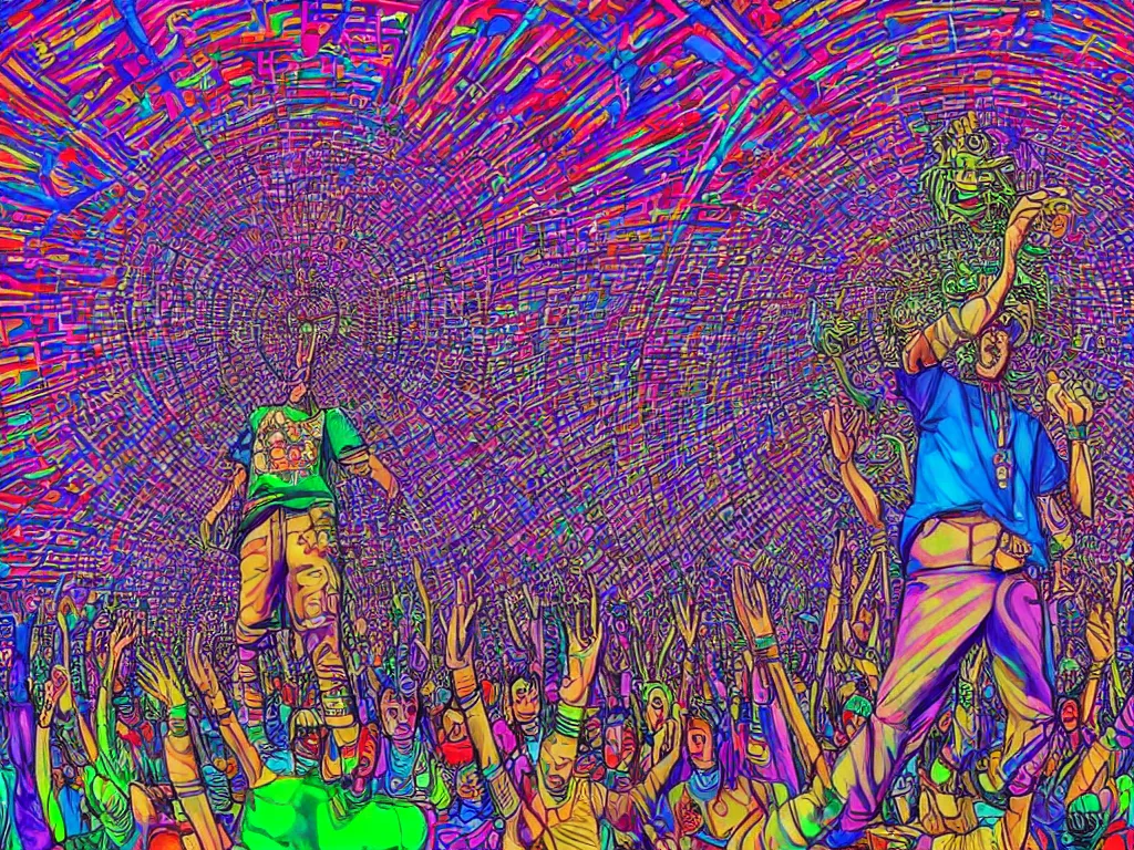 Image similar to rapping on stage at festival, holding microphone, giant crowd, epic angle, happy, psychedelic, hip hop, surreal, neon, vaporwave, detailed, illustrated by Alex Grey, 4k