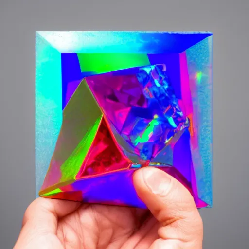 Prompt: a person holding a colorful object in their hand, a hologram by jeka kemp, polycount, crystal cubism, made of crystals, irridescent, holographic