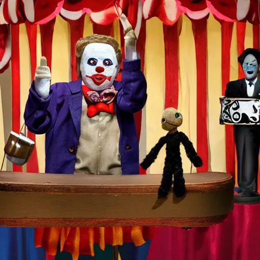 Image similar to puppet show of a puppeteer using a string marionette of a president with clown makeup in a podium