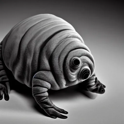 Image similar to formal black and white warm - toned photograph in the style of yousuf karsh of a tardigrade.