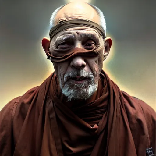 Image similar to portrait painting of a post - apocalyptic older american man blindfolded and wearing monk garbs with a scrap pauldron, ultra realistic, concept art, intricate details, eerie, highly detailed, photorealistic, octane render, 8 k, unreal engine. art by artgerm and greg rutkowski and charlie bowater and magali villeneuve and alphonse mucha