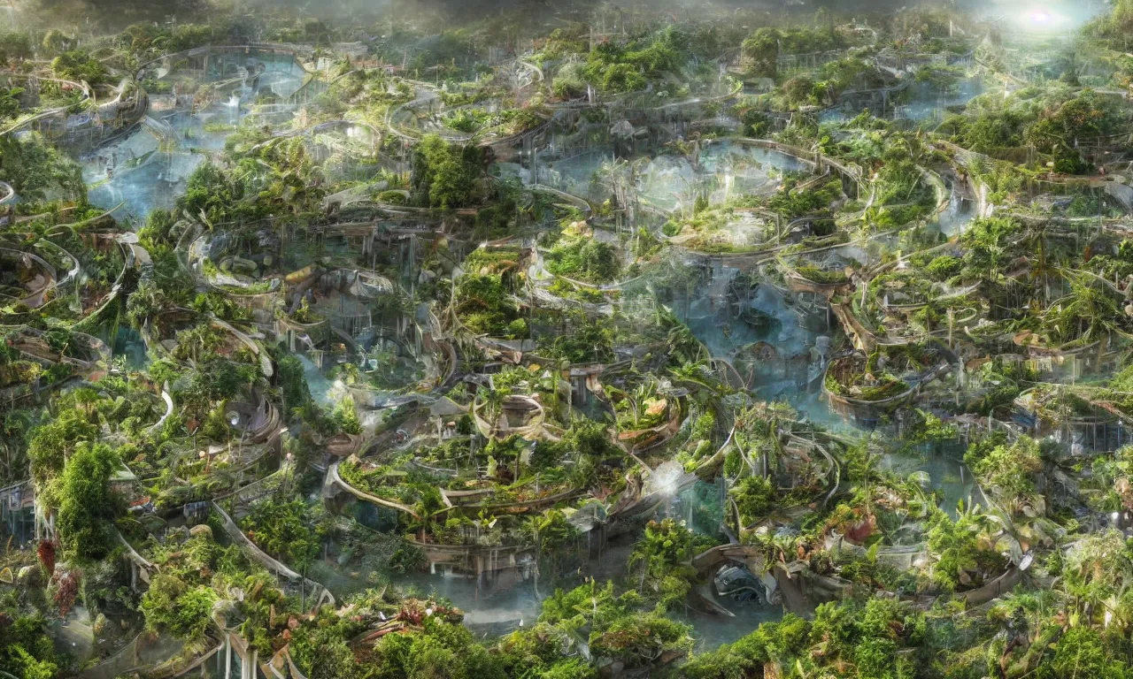 Prompt: solarpunk eco - city utopia, enchanted world, ancient nile winding river valley deep valley taken from 3 0 metres high, otherworldly, botanical garden, waterscape, overgrowing floral lush, glistening in the morning light, 8 k, cinematic shot, weta workshop, hyper realistic, cinematography by john boorman