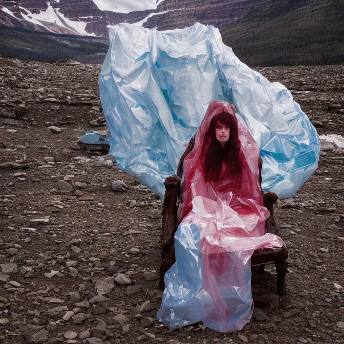 Image similar to a color photograph, closeup portrait of a woman wrapped in plastic, sitting in a plastic throne, in glacier national park in montana, color photograph, by vincent desiderio, canon eos c 3 0 0, ƒ 1. 8, 3 5 mm, 8 k, medium - format print