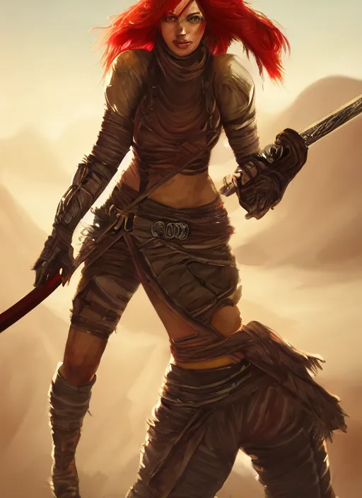 Image similar to Redhead female fighter with katana in desert, fantasy, medieval, vivid colors, fantasy, elegant, concept art, sharp focus, beautiful face, digital art, Hyper-realistic, 4K, Unreal Engine, Highly Detailed, HD, Dramatic Lighting by Brom, trending on Artstation