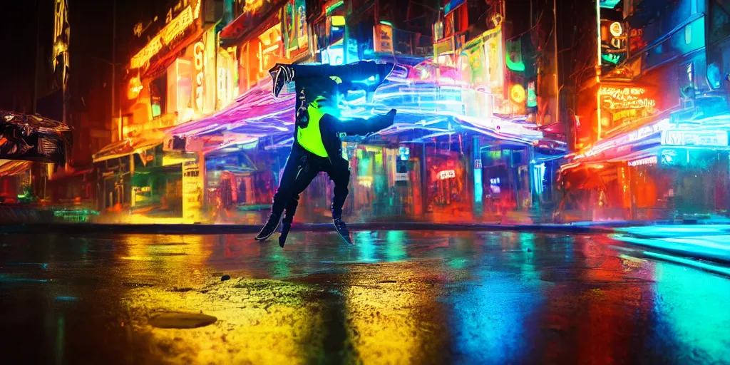 Image similar to cinematic wide angle, slow motion of futuristic break dancer wearing neon lights, trail effect, long exposure shot , at night in the middle of a rainy street, asian city, paddle of water, water splashes, rim lights, glossy reflections, water droplets on lens, octane render, detailed and soft, by jimbo phillips santa cruz, 10mm fisheye