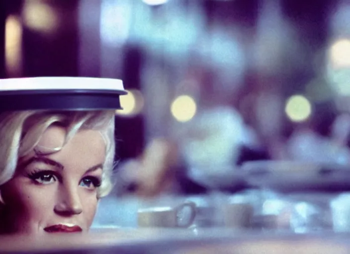 Image similar to A close-up, color cinema film still of a marlin monroe drinking coffee at a starbucks, ambient lighting at night, from Matrix(1999).