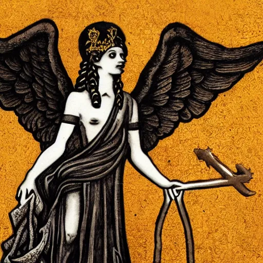 Image similar to fallen angel with hermes caduceus.