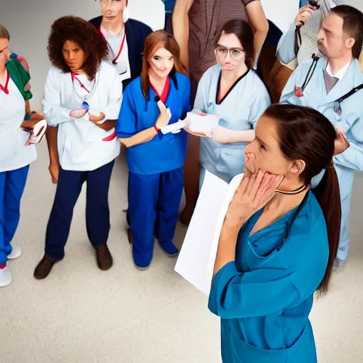 Prompt: Award-winning photograph of a nurse begging for a day off in front of her boss, a crowd is gathered around, 8k, ultra realistic