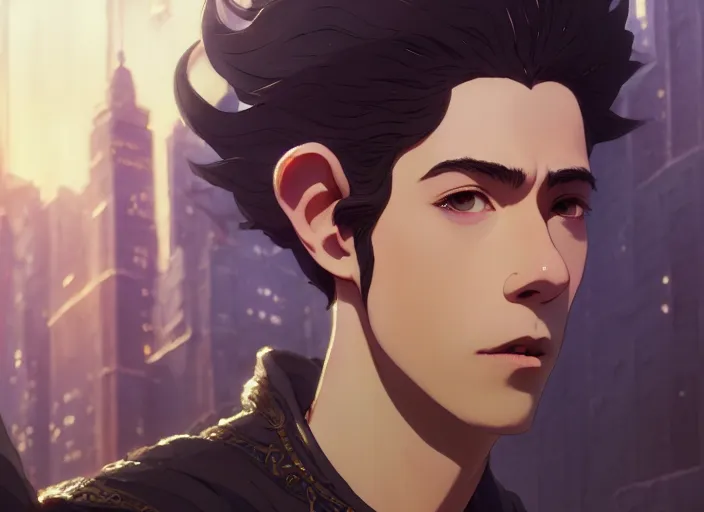 Image similar to a film still portrait of seinfeld elven king, finely detailed features, closeup of face, cinematic lighting, perfect art, night cyberpunk city, intricate, anime, gapmoe grimdark, artstation, trending on pixiv fanbox, painted by greg rutkowski makoto shinkai takashi takeuchi studio ghibli, akihiko yoshida, 4 k