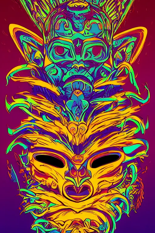 Image similar to animal mask totem roots tribal feather gemstone plant wood rock shaman vodoo video game vector illustration vivid multicolor borderlands comics by josan gonzales and dan mumford radiating a glowing aura