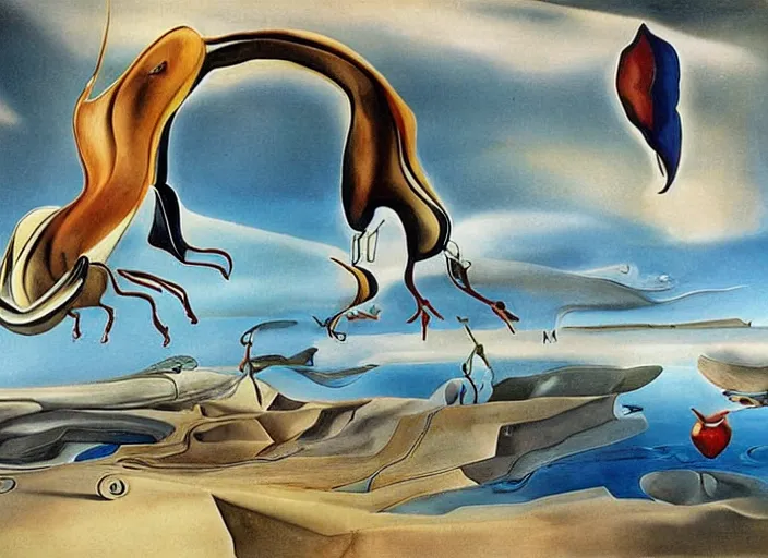 Image similar to the flying creatures from thatgamecompany's journey painted by salvador dali