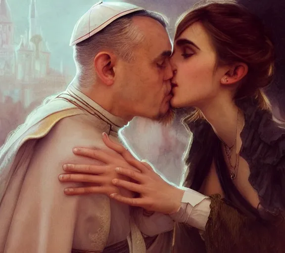 Prompt: photography of a pope kissing emma watson, she has hands - up and hairy armpits, deep focus, intricate, elegant, highly detailed, digital painting, artstation, concept art, matte, sharp focus, illustration, art by artgerm and greg rutkowski and alphonse mucha and gil elvgren