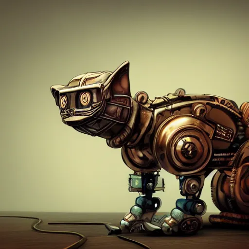 Prompt: celshaded, colour, steampunk realistic robot cat, hyperdetailed, high sharpness, artstation