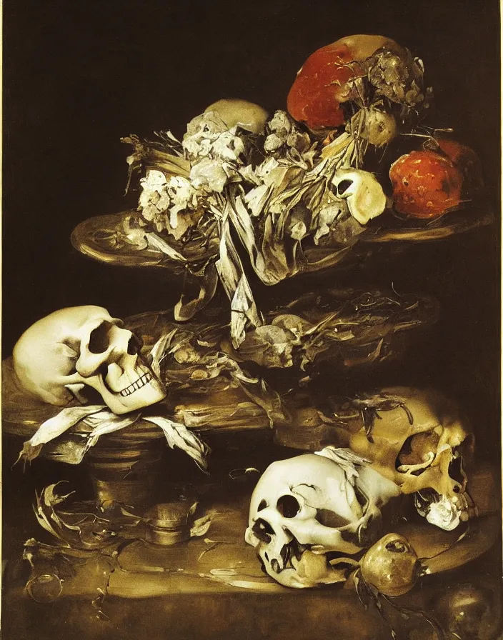 Image similar to still life painting with a single skull on a silver platter surrounded by dead flowers and rotten fruit, lit by a single candle by Diego Velázquez and francisco goya, wet, slimy