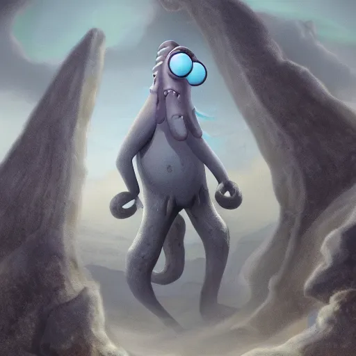 Prompt: squidward as a monster boss, matte painting