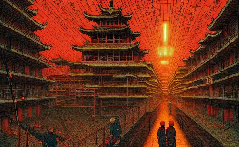 Image similar to artwork of a chinese prison by dan mumford and toshi yoshida and peter doig, vintage scifi, highly detailed, dramatic lighting, 8 k