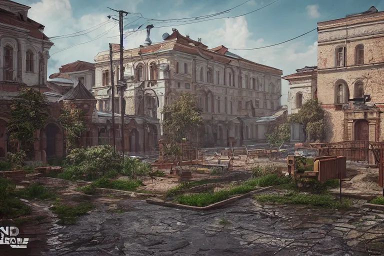 Prompt: a regular russian courtyard with mud and an old playground between two soviet five - storey panel houses, high details, cinematic, 8 k resolution, beautiful detailed, insanely intricate details, artstation trending, octane render, unreal engine