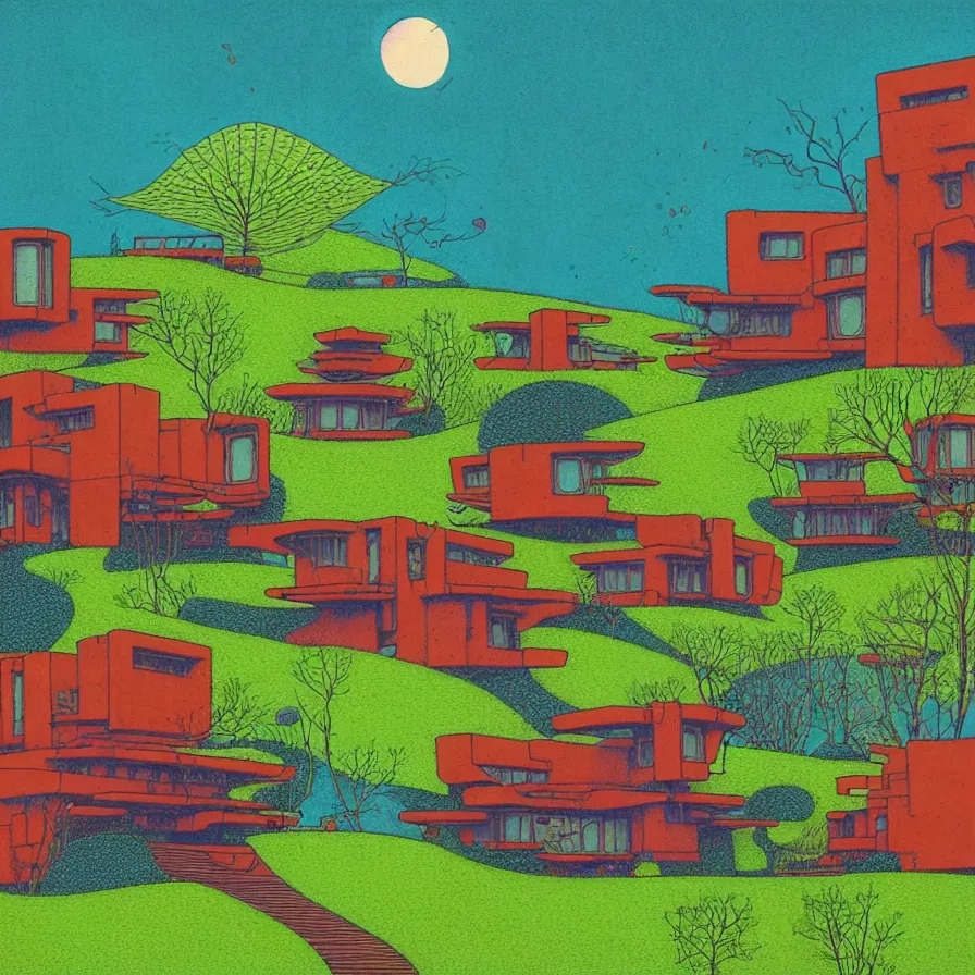 Prompt: surreal glimpse into other universe, 5 houses by frank lloyd wright, summer morning, very coherent and colorful high contrast, art by!!!! gediminas pranckevicius!!!!, geof darrow, floralpunk screen printing woodblock, dark shadows, hard lighting, stipple brush technique,