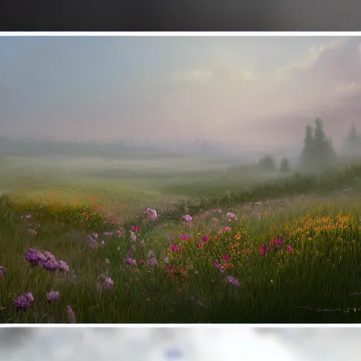 Image similar to a matte painting of a european prairie, cottage town, foggy, patchy flowers, oil painting, pale colors, high detail, 8 k, wide angle, trending on artstation,