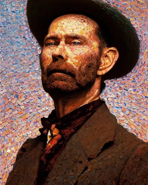 Image similar to portrait, Hank Williams Sr wearing hat, impasto, Jean-Leon Gerome, chuck close:7, carl spitzweg:7, cinematic light, full face, symmetrical face