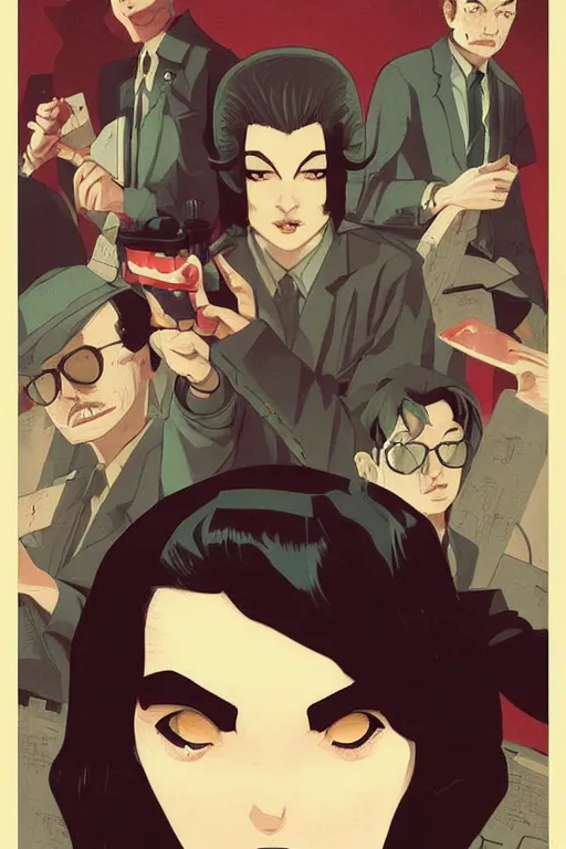 Prompt: twin peaks horror detective manga comic cover, dramatic, beautifully drawn coherent professional, drawn by ilya kuvshinov, satoshi kon. by tomer hanuka and michael whalen, minimalist stylized cover art, cel shaded