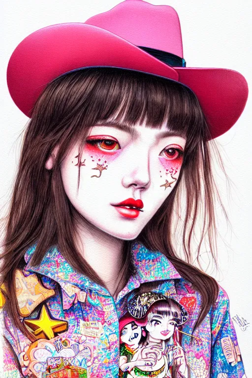 Image similar to girl wearing cowboy hat, style of yoshii chie and hikari shimoda and martine johanna, highly detailed