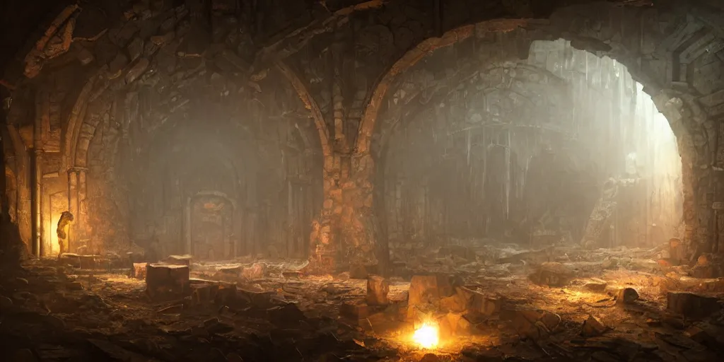 Image similar to Hyper realistic oil painting of the insides of an abandoned dwarven fortress, dark, torchlight, fantasy, cinematic lighting, broken furniture, dust, gloomy, by greg rutkowski, trending on artstation