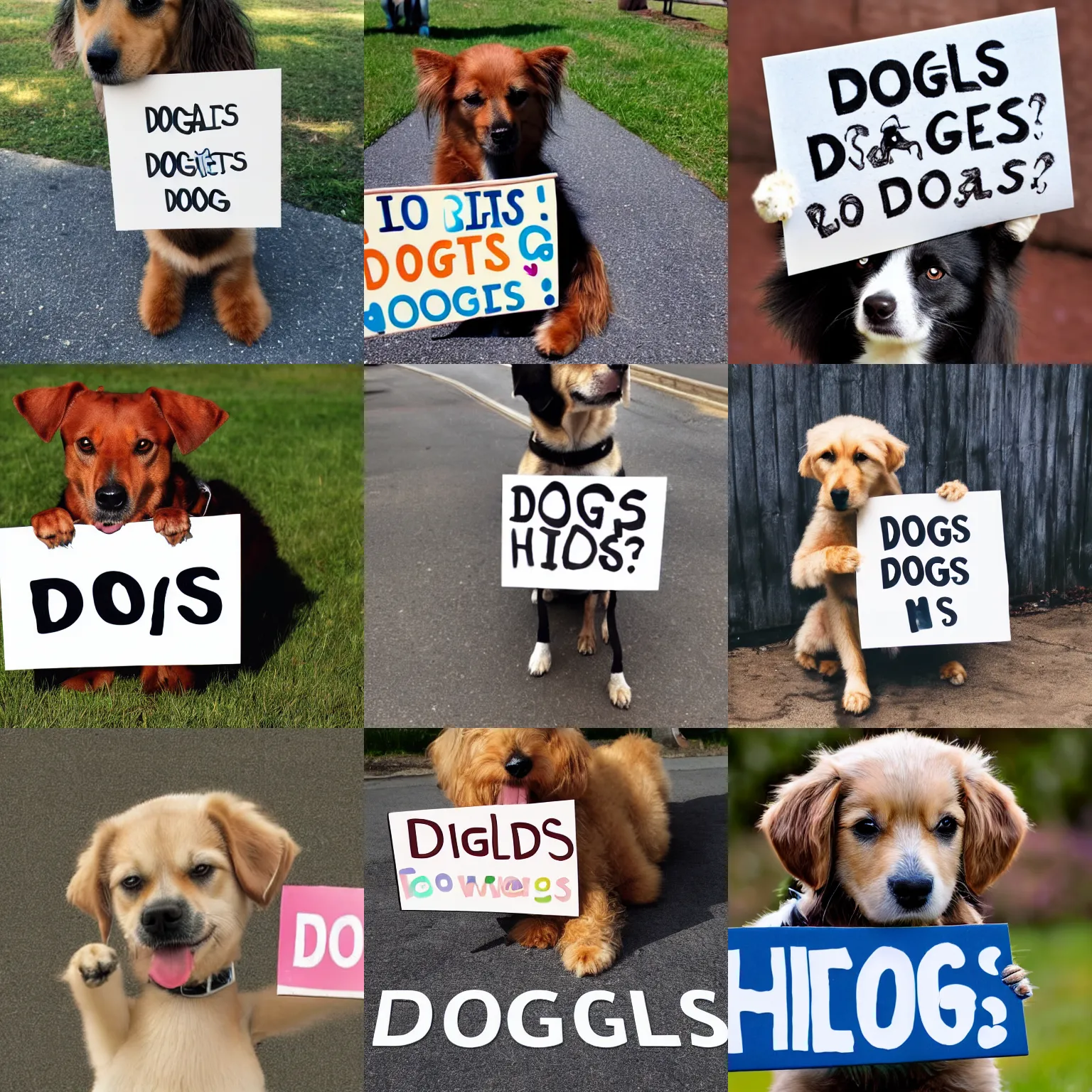 Image similar to realistic high quality photo of a cute dog holding a sign with text that reads : dogs