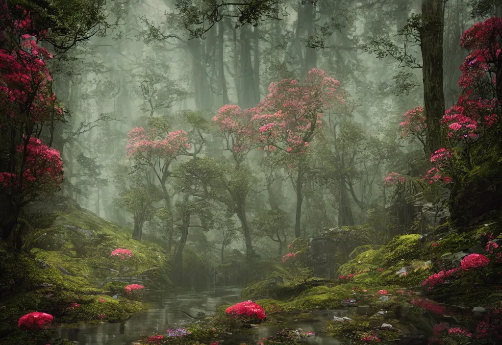 Prompt: handmade stunning landscape of a big and deep forest, ornate, beautiful, atmosphere, vibe, mist, chimney, pristine, puddles, melting, dripping, creek, lush, forest, roses, flowers, by kilian eng jake parker loish, octane render, 8 k hd resolution, high quality image