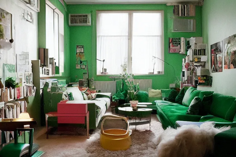 Prompt: apartment organization inspo green and fluffy, in 2 0 5 5, y 2 k cybercore, low - light photography, bathed in the glow of a crt monitor, still from a wes anderson movie