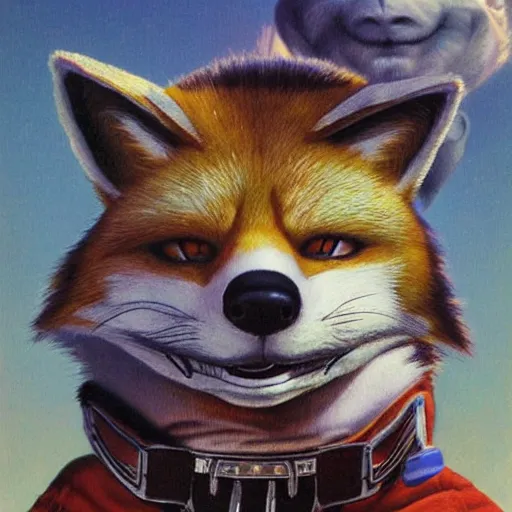 Image similar to a portrait of fox mccloud posing proudly, suspenseful, anthropomorphic furry art, star fox, by jim burns, vincent di fate, and peter elson