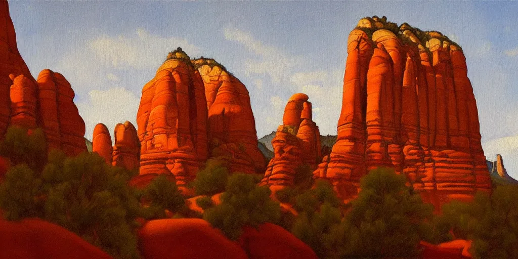 Prompt: sedona's cathedral rock bluff, oil painting, twilight, intricate lines, elegant, extreme detail, sharp focus, art by vermeer and edward church