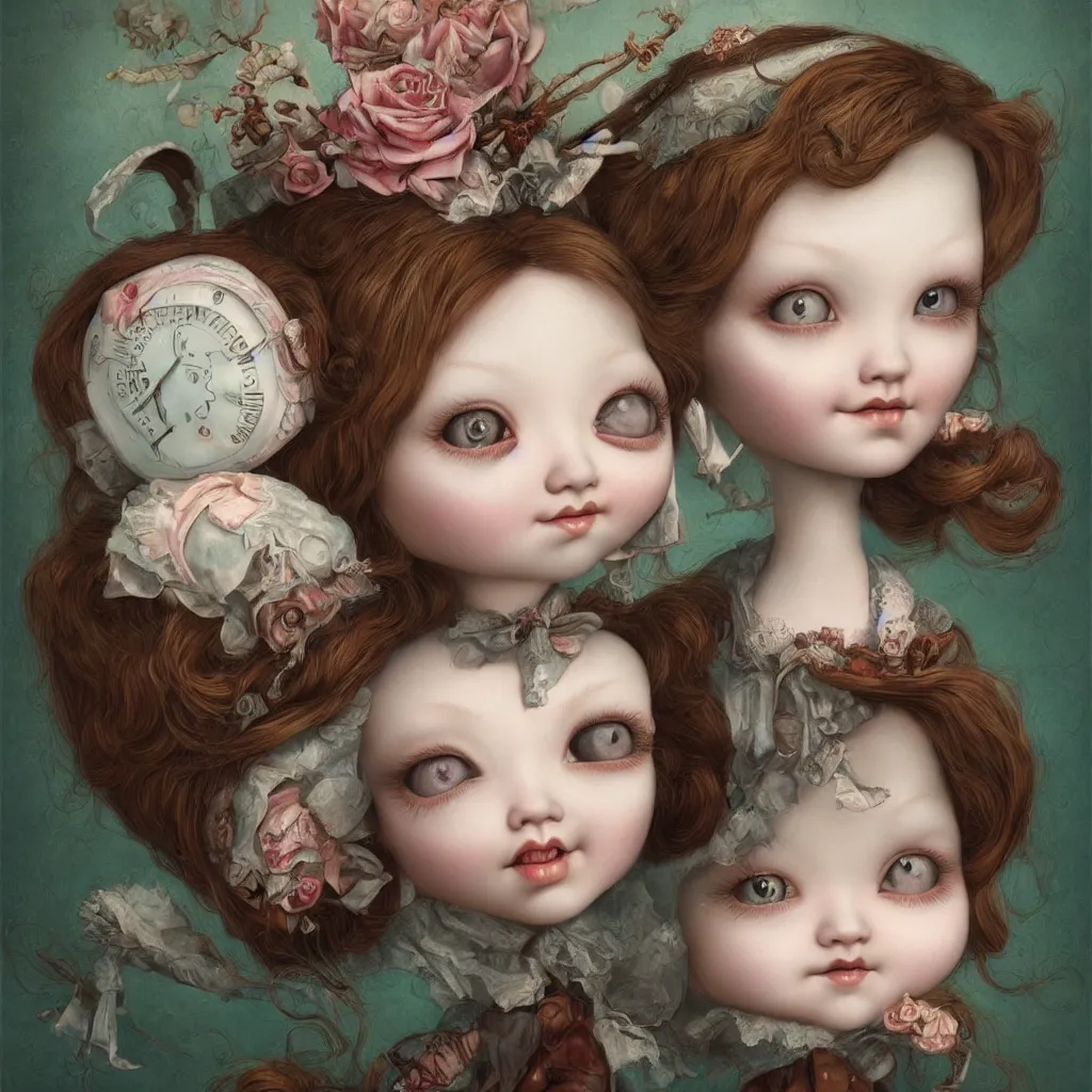 Image similar to cute pocelain doll, Mark Ryden style, highly detailed, digital painting, artstation, concept art, smooth, sharp focus, illustration,