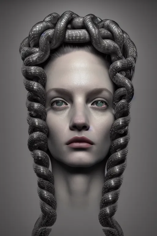 Prompt: head portrait of Medusa, Lilith, portrait, photo-realistic, hyper-realism, octane render, dramatic lightning, cinematic, by Nikolaos Gyzis,