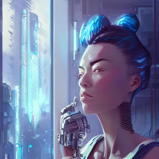 Image similar to portrait of cyberpunk woman looking out of a window, cyberpunk setting, futuristic, highly detailed, intricate lighting, digital painting, sharp focus, illustration, trending on artstation, art by marc brunet.