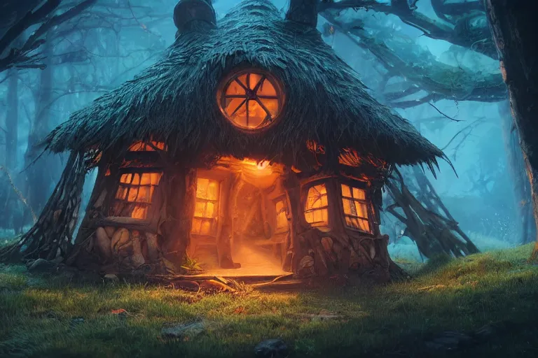 Prompt: witch hut, hyper realistic, ambient lighting, concept art, intricate, hyper detailed, smooth, dynamic volumetric lighting, octane, raytrace, cinematic, high quality, high resolution, 4 k, ghibli anime