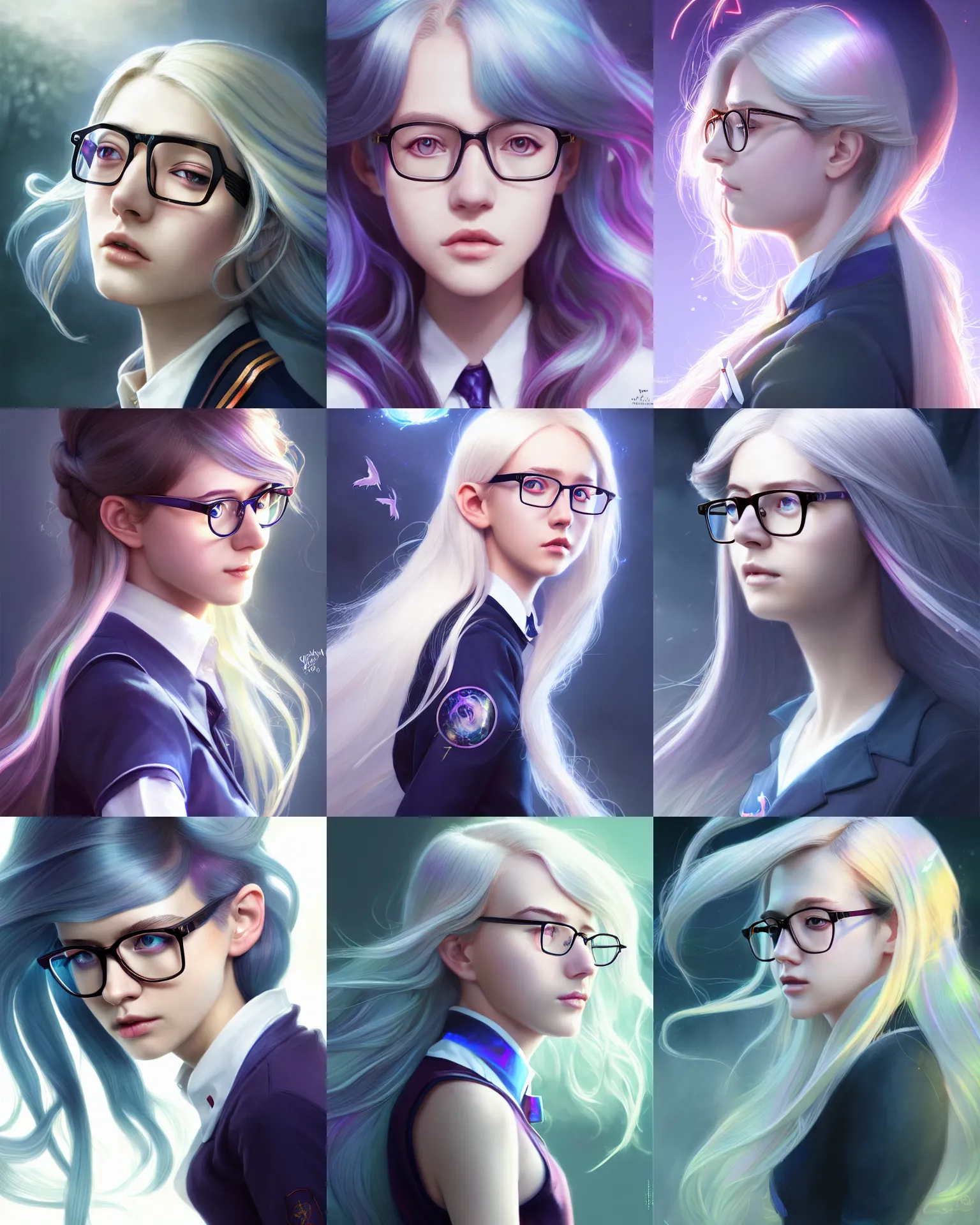 Prompt: side portrait of an innocent lost college girl, strixhaven magic school university uniform, light iridescent hair color, long windy hair style, large nerd glasses, fantasy, intricate, sharp focus, lens flare, bloom, rim light, illustration, highly detailed, digital painting, concept art, matte, art by ruan jia